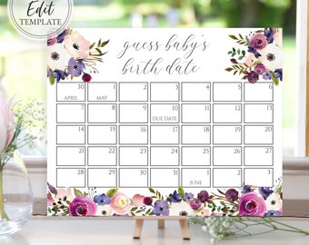 Purple Floral Guess Baby's Due Date Calendar Template, Baby Shower Game, 8x10 Print, 16x20 Sign, Digital Download Editable, BA-94