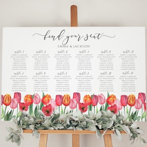 Plantilla de signo de tabla de asientos de ducha de tulipán, despedida de soltera, horizontal 24x36, cartel de asientos de mesa, descarga digital instantánea, Templett, BR-134