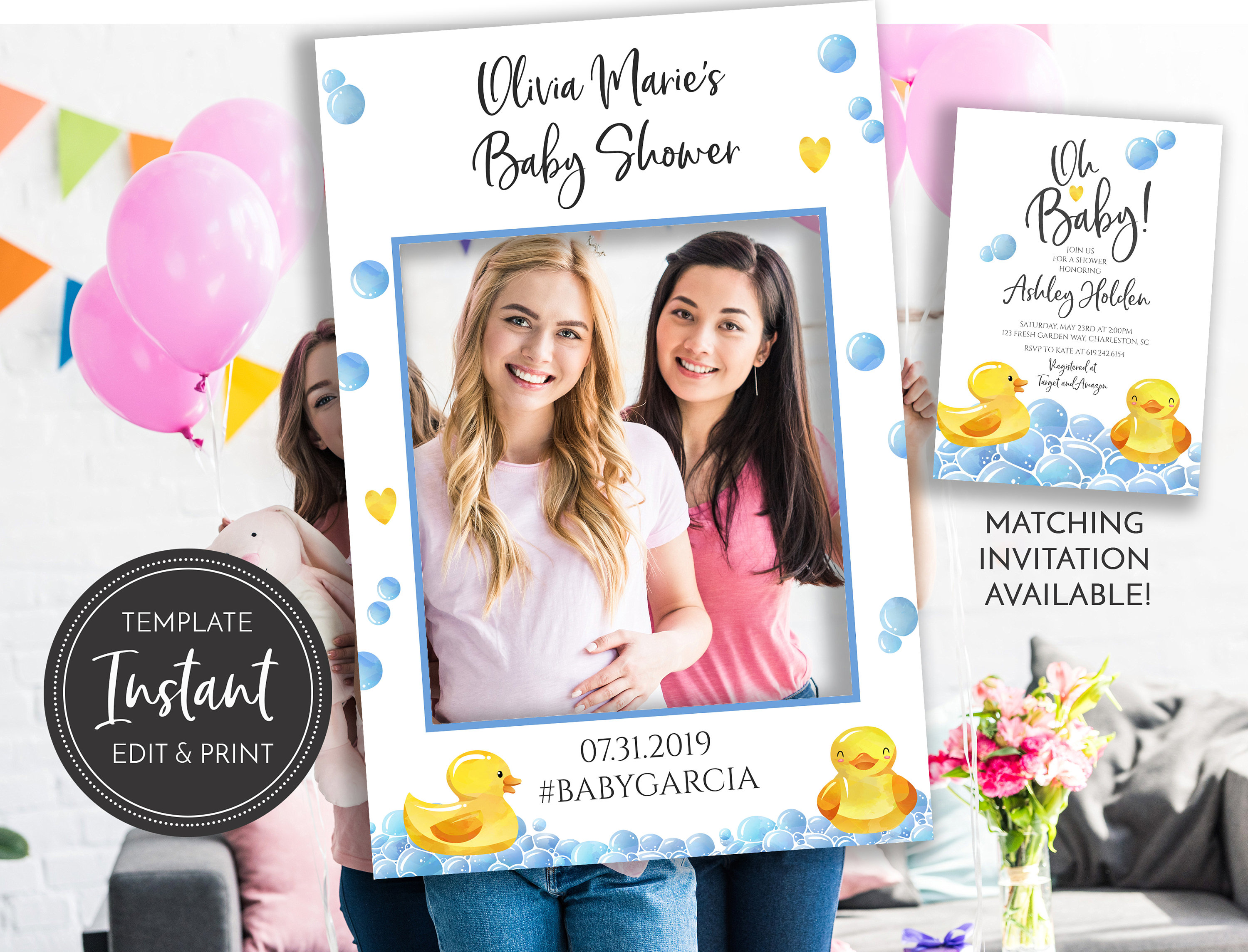 Rubber Ducky Baby Shower Edit Yourself Photo Booth Frame Prop Card Blue Yellow Ducks Bubbles Bath Digital Editable Template