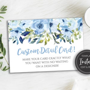 Blue Floral Detail Card Template, Baby Boy Shower, Blue Bridal Shower, Invitation Insert, Templett, Instant Digital Download, BA-132