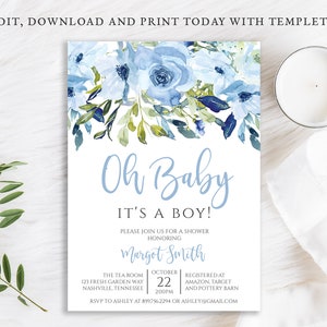 Boy Baby Shower Invitation, Oh Baby, It&#39;s a Boy, Blue Navy Flowers, Digital Template, BA-79