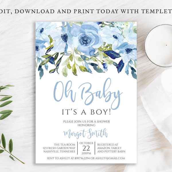 Boy Baby Shower Invitation, Oh Baby, It's a Boy, Blue Navy Flowers, Digital Template, BA-79