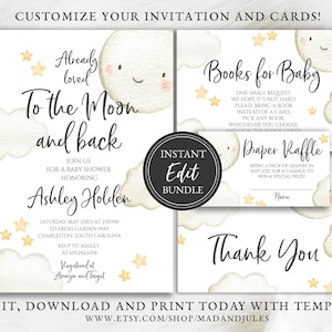 To the Moon and Back Baby Shower Bundle Templates, Invitation, Books Card, Diaper Raffle, Thank you, Stars, Instant Downloads, BA-65