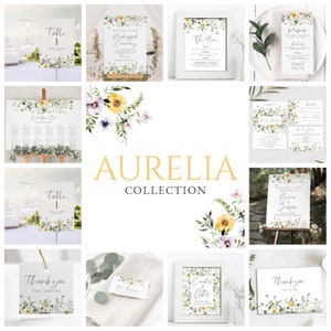 Lavendel und Gelbe Wildblumen Hochzeit Bundle Set, Einladung, RSVP, Details, Zeichen, Sitzplan, Menü, Zahlen, Violett, Vorlagen, WD-307