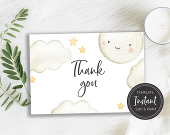 To the Moon and Back Thank You Card Template, Baby Shower, Flat and Folded, Clouds Stars Moon, Digital Templett, BA-65