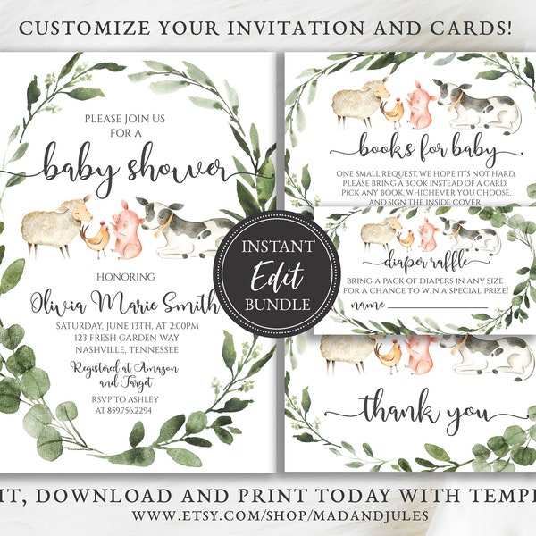 Farm Animals Baby Shower Bundle, Invitation, Books for Baby, Diaper Raffle, Thank You, Cow, Sheep, Greenery, Template, BA-21