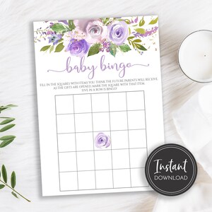 Lavender Purple Floral Baby Bingo Shower Game, Instant Download, Printable Game, BA-02