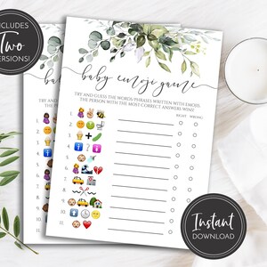 Elegant Greenery Emoji Baby Shower Game, Instant Download, Printable Game, BA-155