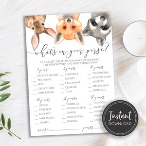 Woodland Baby Shower What&#39;s in Your Purse Game, Forest Animals, Woodland Animals, Digital Instant Download, BA-216
