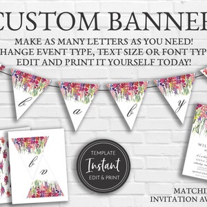 Purple Wildflower Custom Banner Template, Pendant Banner, Baby Shower, Bridal Shower, Printable, Digital Instant Download, BA-102
