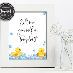 Rubber Ducky Baby Shower Edit Yourself DIY Blank Table Sign Gender Neutral Blue Yellow Ducks Bubbles, Bath Editable Template, BA-149