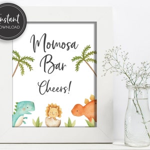 Dinosaurier Momosa Baby Shower Mom-Osa Mimosa Tischschild Orange Blau T-Rex, Brontosaurus, Digital Sofort Download, BA-60