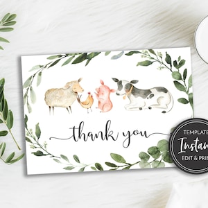Bauernhof Tiere Dankeskarte, Baby Shower Dankeschön Kartenvorlage, flach und gefaltet, Templett, Kuh Schafe Huhn Grün, BA-21