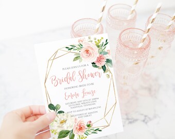 Blush Roses Bridal Shower Invitation, Pink Floral Bridal Shower Invite, Gold Geometric Frame, Templett, Instant Download, BR-126