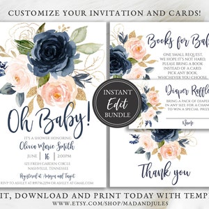 Paquete de baby shower Blush Pink Navy, invitación, libros para tarjeta de bebé, rifa de pañales, gracias, plantillas digitales Blush Flowers, BA-212