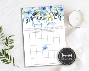 Baby Bingo Game, Blue Boy Baby Shower Game, Blue Floral Game, Instant Download, Printable Game, BA-132