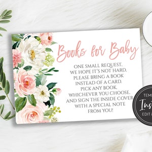 Blush Pink Books for Baby Card Template, Pink Floral Book Request Insert, Digital Printable, BA-175, BA-89