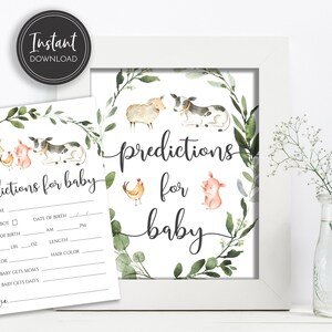 Prédictions d'animaux de ferme pour signe de table de bébé et carte, prédictions de douche de bébé, téléchargement numérique instantané, imprimable, BA-