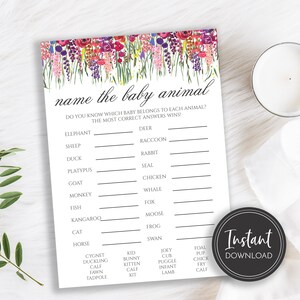 Purple Wildflower Name the Baby Animal Game, Baby Shower Game, Instant Download, Printable Game, BA-102