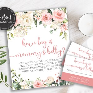 Blush Pink Roses Quão grande é a barriga da mamãe Placa de chá de bebê e cartões de adivinhação, download instantâneo para impressão, BA-62