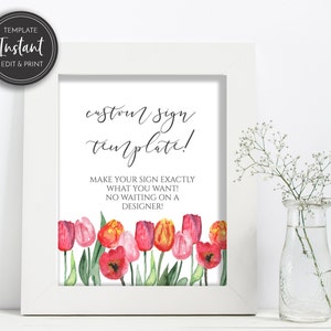 Tulpen Tischschild Vorlage, Brautparty benutzerdefiniertes Schild, 8x10, Rot Rosa Blush Frühling, Hochzeit Blumen, Digital DIY Printable, BR-134