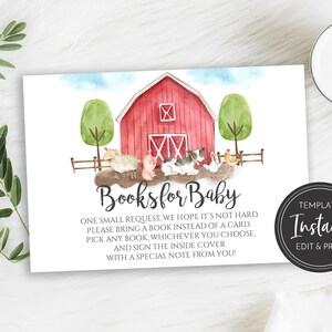 Farm Books for Baby Card Template, Barn Animals Baby Shower Book Request Insert, Baby Boy Shower, Instant Digital Download, BA-33