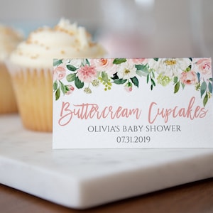 Chá de bebê rosa blush, chá de panela, barraca de mesa editável e cartões de lugar, modelo digital floral plano e dobrado, BA-175, BA-89, BR-126