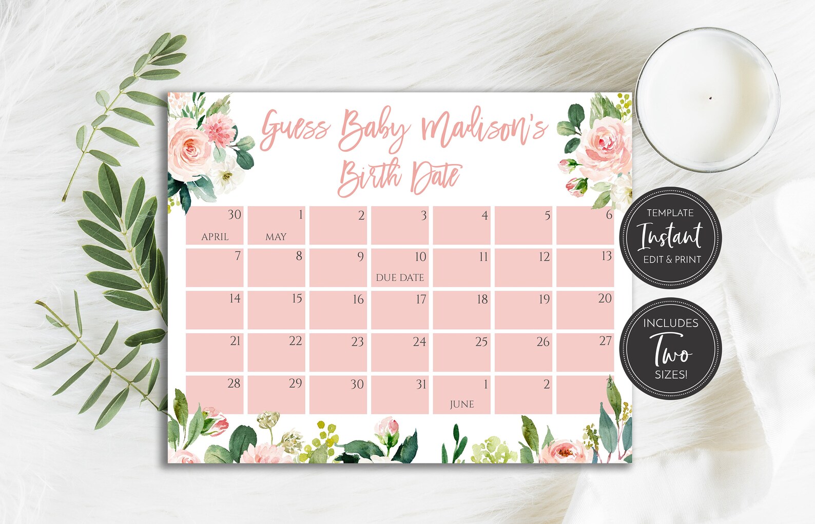 Blush Pink Floral Baby Shower Due Date Calendar Template Etsy