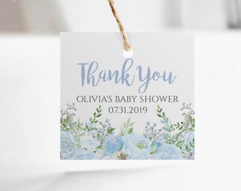 Light Blue Floral Baby Shower Favor Tag Template, Gift Tag, Digital Download, DIY Printable, BA-130