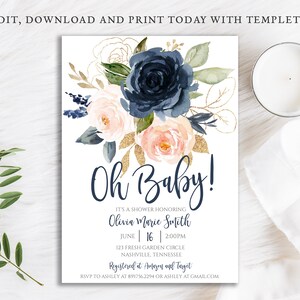Floral Baby Shower Invitation: Blush Pink, Navy, and Gold (Digital Download)