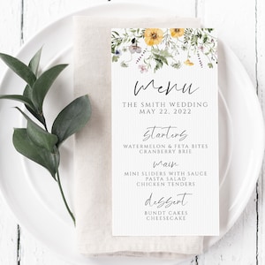 Lavendel und gelbe Wildblumen Hochzeit Menü Vorlage, druckbare Hochzeit Menü, violett, digitaler Sofort Download, DIY bedruckbar, WD-307