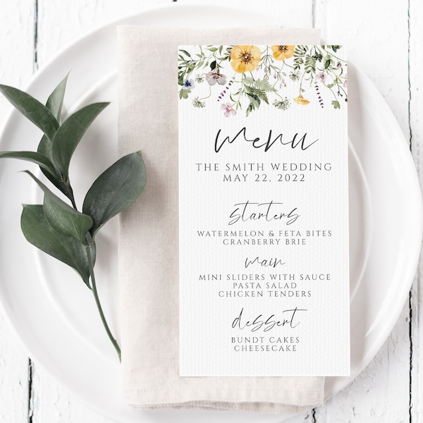 Lavender and Yellow Wildflower Wedding Menu Template, Printable Wedding Menu, Violet, Digital Instant Download, DIY Printable, WD-307