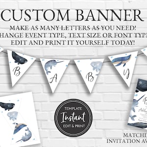 Blue Whale Edit Yourself DIY Baby Shower Banner Blue Boy Shower, Digital Instant Download Editable in Templett, BA-83