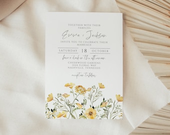 Gelbe Wildblumen Hochzeitseinladung, Boho Blumen einladen, Boho Blumen, druckbare digitale Sofort Download Vorlage, WD-305