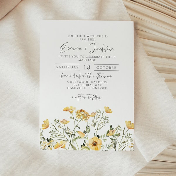 Yellow Wildflower Wedding Invitation, Boho Floral Invite, Bohemian Flowers, Printable Digital Instant Download Template, WD-305