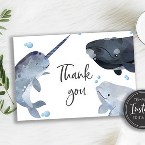 Whale Narwhal Thank You Card Template, Baby Shower, Flat and Folded Cards, Boy Shower, DIY Printable, BA-83