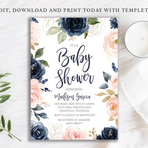 Blush & Navy Floral Baby Shower Invitation (Digital Download)