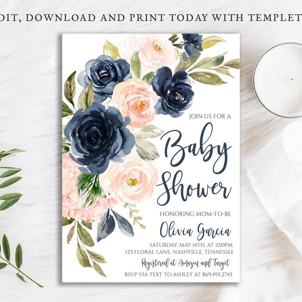 Blush Navy Baby Shower Invitation, Pastel Soft Pink Blue, Floral Digital Instant Download Editable Template DIY Printable, BA-208