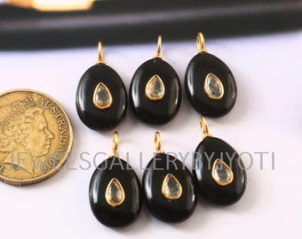 1/2 Pieces Black Onyx Smooth Oval Shape Sterling Silver Pendant, Inlay Gemstone Pendant, Black Onyx Pendant, Stacking Pendants