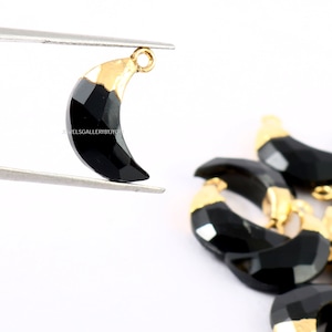 A Pair of Black Onyx Carved Faceted Crescent Moon Charm, Electroplated Natural Stone Charm, Black Onyx Moon Charm