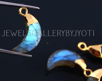 A Pair of Bright Flashy Labradorite Carved Crescent Moon Charm,  Electroplated Natural Stone Charm, Labradorite Moon Charm, wholesale charms
