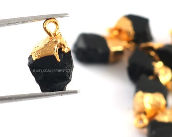 Natural Black Onyx Raw Cap Charm,  Electroplated Raw Pendant, Birthstone Pendant Charm