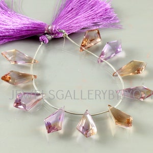 Könnte beinhalten: Eine Strähne aus facettierten Amethyst- und Citrin-Edelsteinen, jede Perle hat eine Tropfenform mit einer spitzen Spitze. Die Perlen sind auf einem Silberdraht aufgefädelt und haben einen violetten Quasten am Ende.