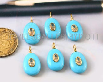 1/2 pezzi Ciondolo ovale liscio in argento sterling con turchese, ciondolo con pietra preziosa intarsiata, ciondolo turchese, ciondoli impilabili, regalo per lei