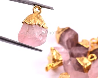 Natural Rose Quartz Raw Cap Charm ,  Electroplated Raw Pendant, Birthstone Pendant Charm
