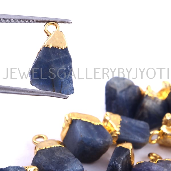 Natural Blue Sapphire Raw Cap Charm,  Electroplated Raw Pendant, Birthstone Pendant Charm