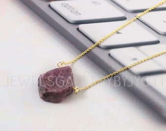 Raw Ruby Pendant Sterling Silver Necklace, 18k Gold Plated Ruby Rough Gemstone Necklace, Gift For Her, chunky gemstone necklace