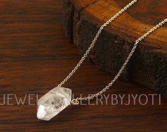Collar de plata de ley con colgante de cuarzo Herkimer, chapado en oro de 18 quilates, regalo para ella, collar de piedras preciosas gruesas.