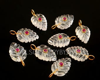 Crystal Quartz Carved Leaf Shape Sterling Silver Pendant, Inlay Gemstone Pendant, Leaf Shape Pendants, Jewelry Making Supplies