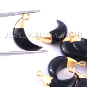 A Pair of Black Onyx Carved Crescent Moon Charm, Electroplated Natural Stone Charm, Black Onyx Moon Charm (16mm)